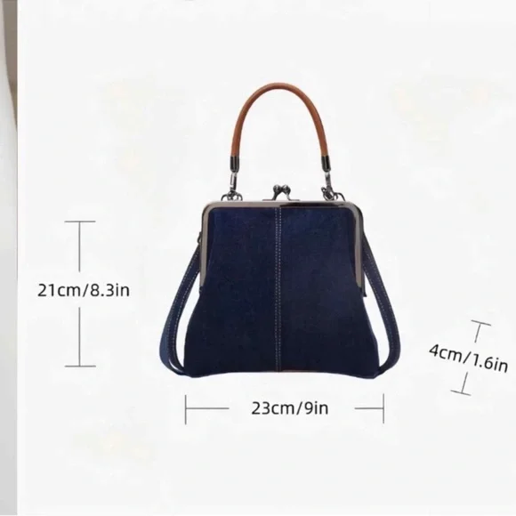 Denim Crossbody Tote Bags, Mini Blue Denim Totebag Kiss Lock Purse new - Picture 4 of 6